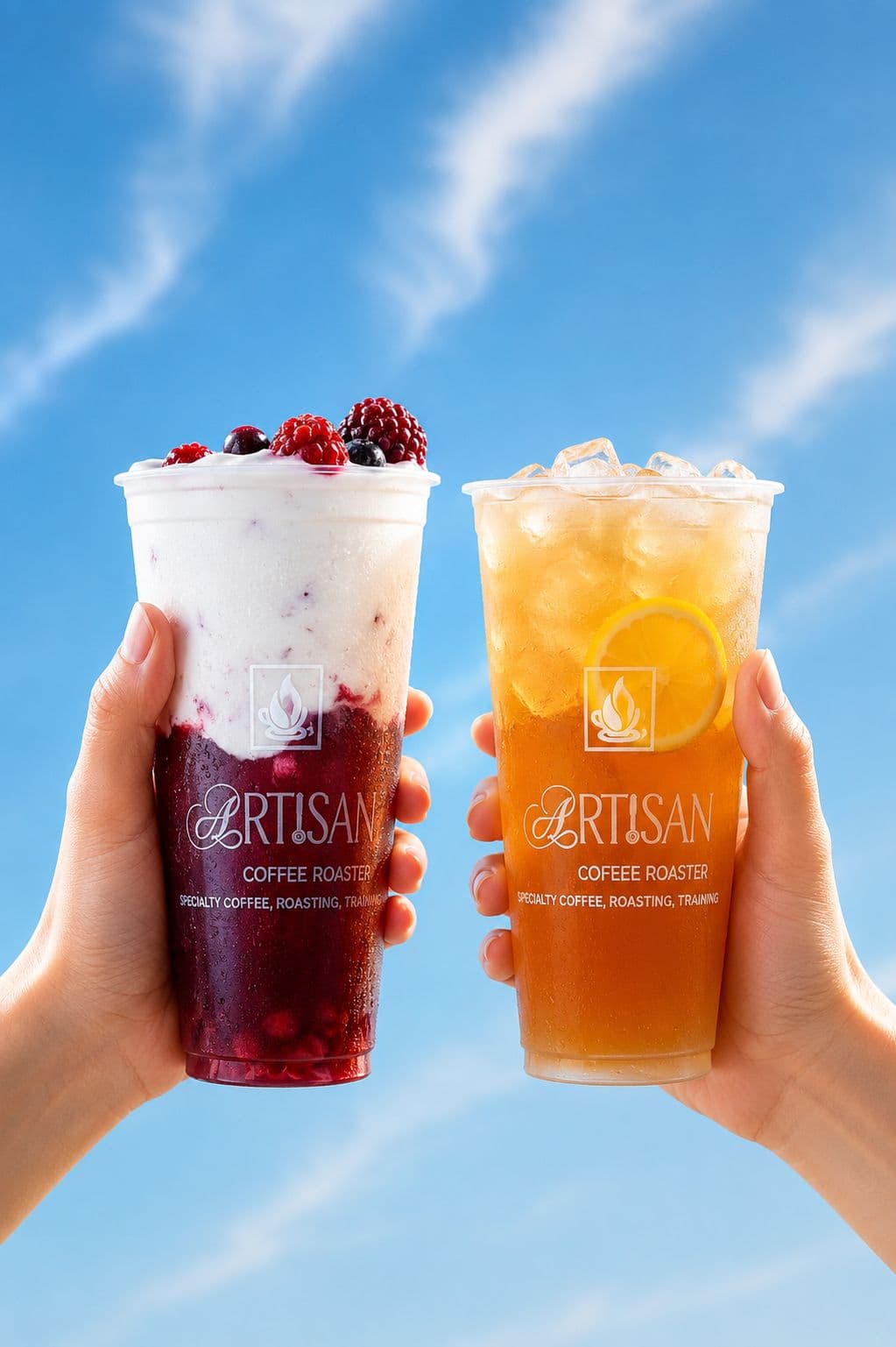 Two café drinks held against the sky